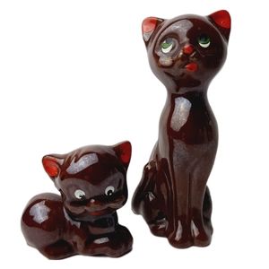 🍒 Vintage Japan 2x Set of Two Cats Glazed Pottery Figurines Brown